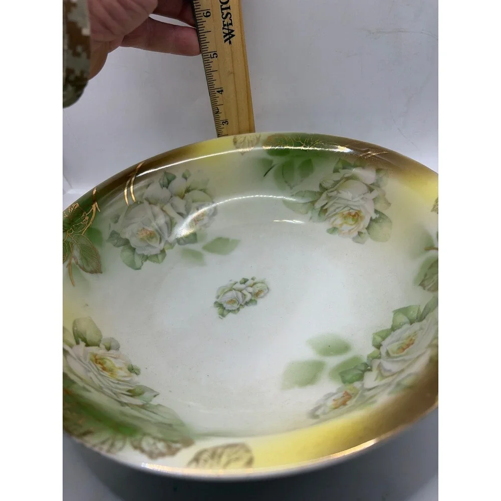 Leuchtenburg Germany Antique Porcelain Serving‎ Bowl White Roses Gold Gilt 10 in